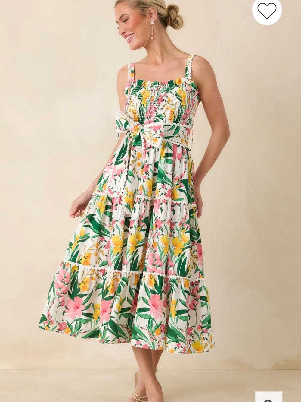 Prosperina Darcy Green and pink Floral Tie-Waist Midi Dress! Stunning!!!